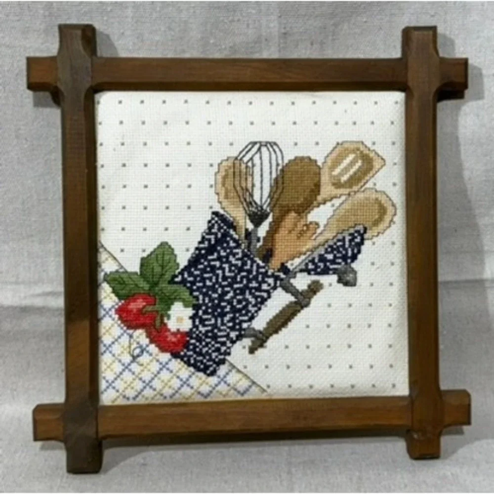 Vintage Framed Cross Stitch Kitchen Wall Art Strawberries Wooden Spoons 10x10